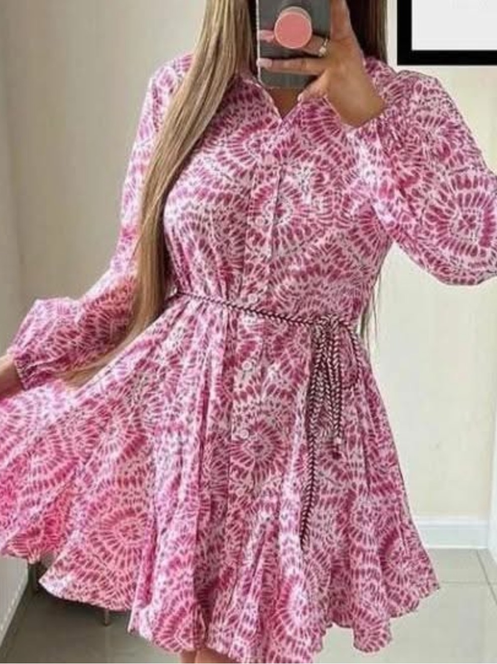 Zara Pink Printed Long-Sleeve Mini Dress